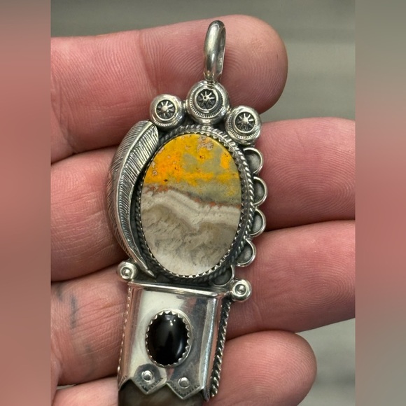 Sterling silver HUGE signed bumblebee jasper & onyx signed bear claw pendant 925 - Picture 10 of 14